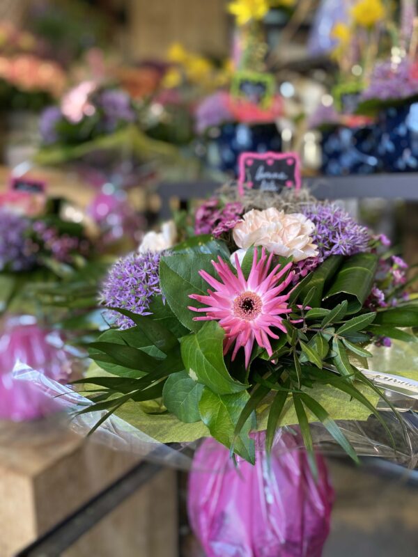 3 bouquet de fleurs violette et rose jardinerie potiez